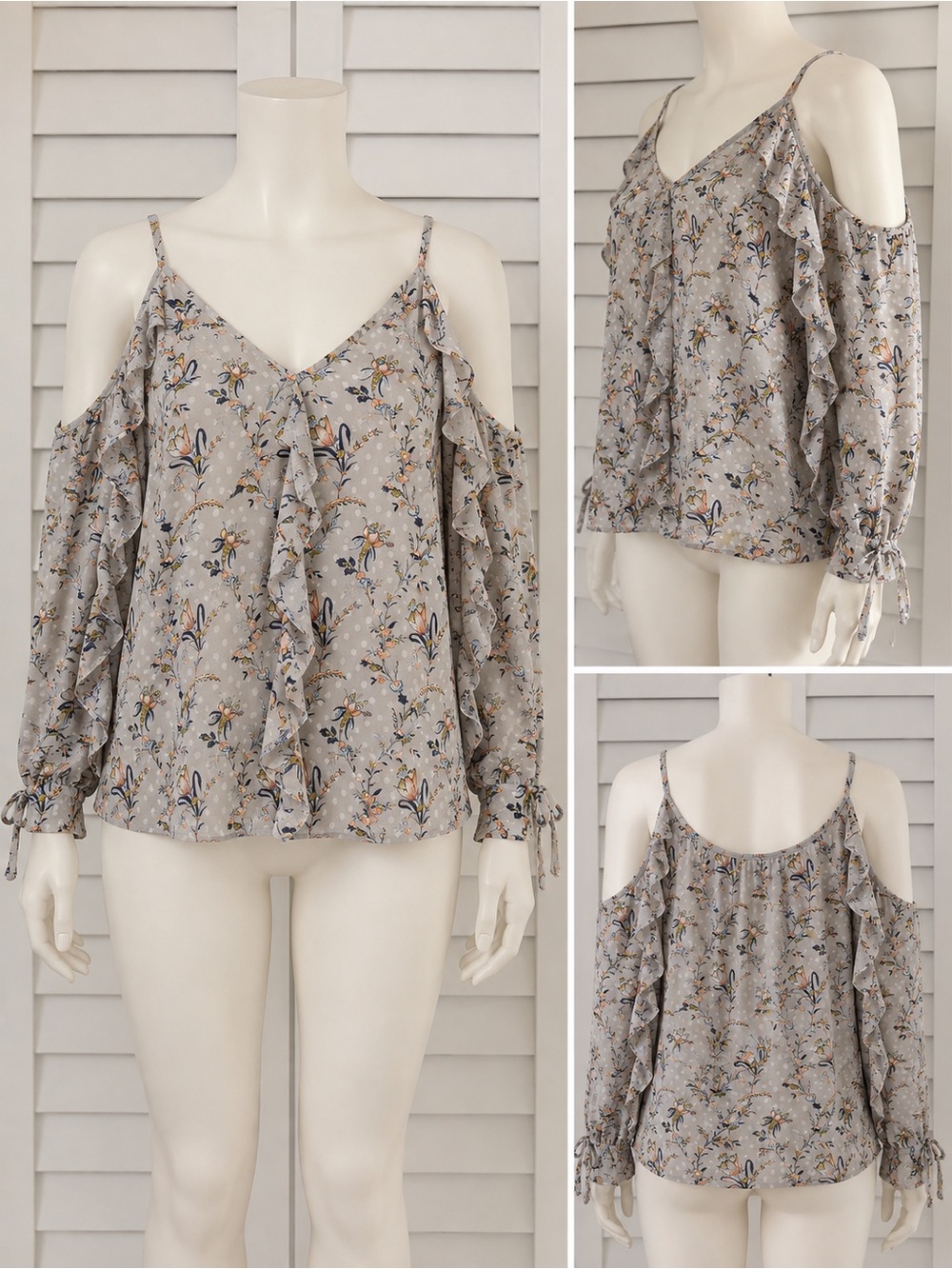 New Look Light Gray Floral Ruffle Cold-Shoulder Cami